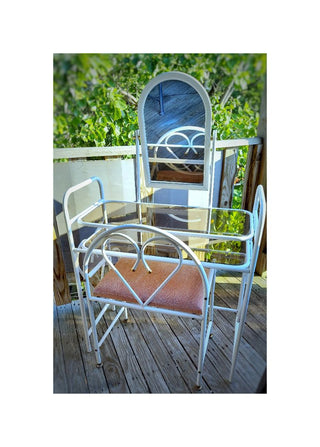 1970-80s Dressing table vanity and stool set. White Metal with smoked glass and mirror