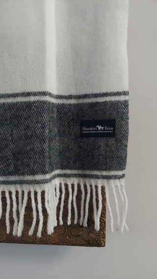 White and Navy Blue Faux Cashmere raw edge scarf with fringe by Hunters Edge Price is Firm