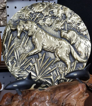 Hunting Scene Bird Dogs Round Gold Medallion Made in Brazil