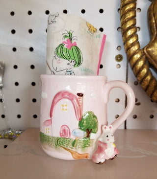 Kawaii Japan Kotobuki Tea Mug Pink w 3D Bunny Riding Scooter