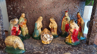 1940s 13 pc Chalkware Nativity Manger Scene with lit stable by Glolite Corp