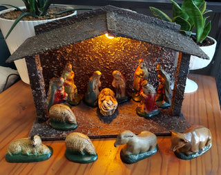 1940s 13 pc Chalkware Nativity Manger Scene with lit stable by Glolite Corp