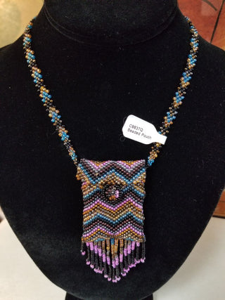 Beaded Pouch Necklace Pink Blue Black