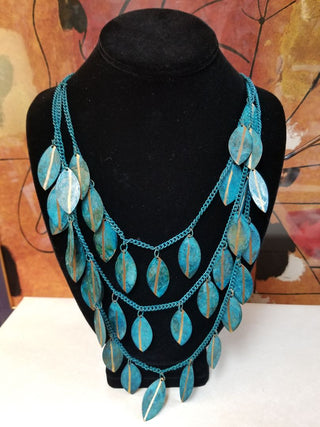 Necklace 3 Tier Turquoise Leaf Leaves Bib