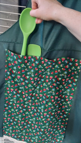 Vintage Christmas Mitten and Gloves Graphic Fabric and green Apron, Large