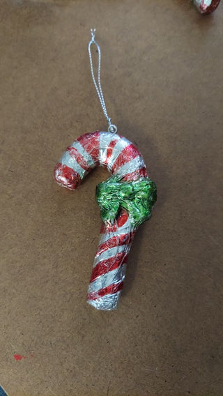 Old world green bow candy cane, foiled ornament