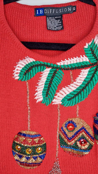 1990s  I. B. Diffusion Red Christmas Beaded and Embroidered Pattern Sweater, branch and ornament design