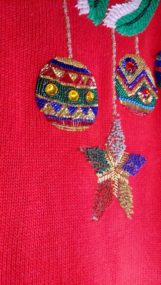 1990s  I. B. Diffusion Red Christmas Beaded and Embroidered Pattern Sweater, branch and ornament design