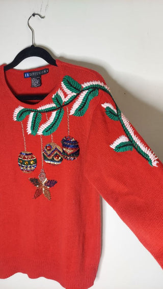 1990s  I. B. Diffusion Red Christmas Beaded and Embroidered Pattern Sweater, branch and ornament design