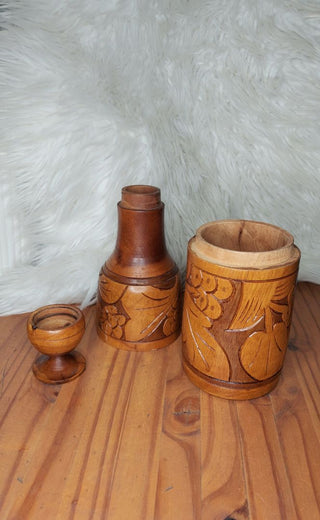 Hand Carved Teak Okolehao Three Piece Decanter - Folk Art