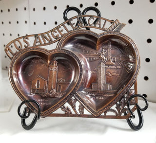 Vintage Los Angeles City Souvenir Decorative Tray Pair of Heart Shaped Dish Vanity Cosmetics Display Metal Hearts Bronze California