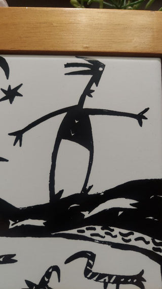 Man At River At Night, Signed modernist piece. artist Original tile. Tribal Kokopelli meets Picasso and Miro