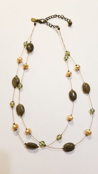 EB Chico's Double Strand Necklace Green Gold