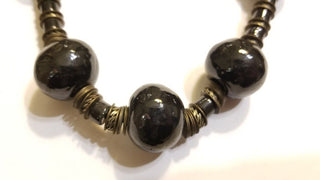 EB 1980s Black Clay Bead Necklace Tribal Oversized Big Chunky Statement Jewelry