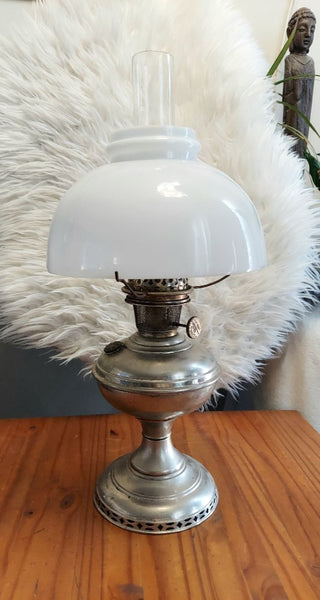 1915-16 Antique Model 6 Oil Lamp by Aladdin Mantle Lamp Company, milk glass shade as is