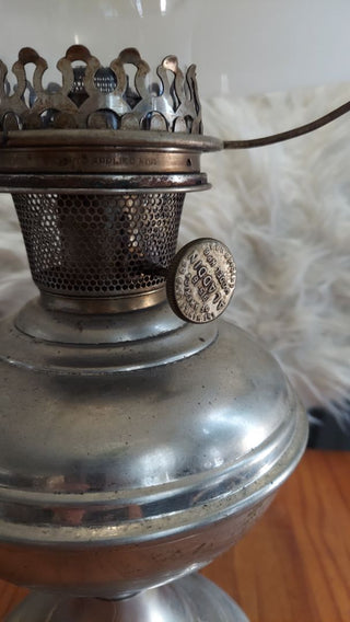 1915-16 Antique Model 6 Oil Lamp by Aladdin Mantle Lamp Company, milk glass shade as is