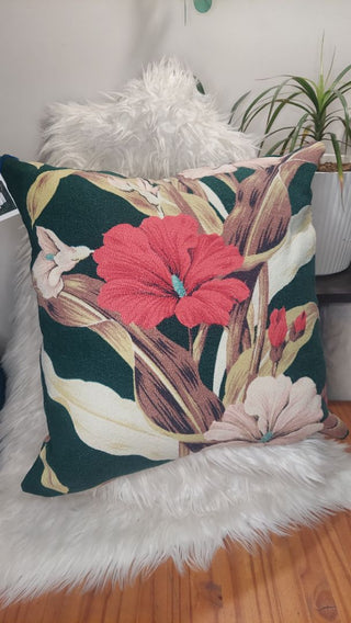 (A) Midcentury Tropical Begonia Design Barkcloth Throw Pillow 18", Vintage 1950s fabric zipper case.