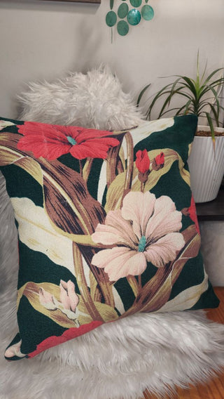 (B) Midcentury Tropical Begonia Design Barkcloth Throw Pillow 18", Vintage 1950s fabric zipper case.