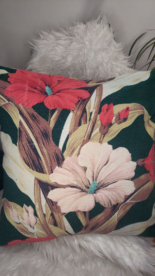 (B) Midcentury Tropical Begonia Design Barkcloth Throw Pillow 18", Vintage 1950s fabric zipper case.