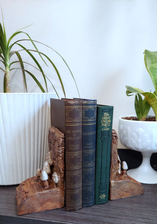 Artist Sculpted Mushroom Forest Bookends - Artist Original, Wood and Plaster and leather backing