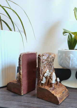 Artist Sculpted Mushroom Forest Bookends - Artist Original, Wood and Plaster and leather backing