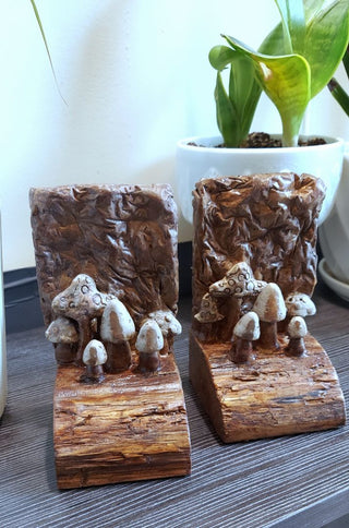 Artist Sculpted Mushroom Forest Bookends - Artist Original, Wood and Plaster and leather backing