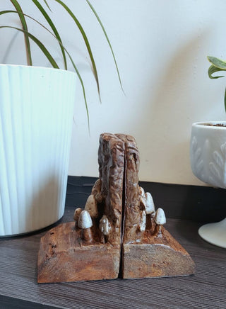 Artist Sculpted Mushroom Forest Bookends - Artist Original, Wood and Plaster and leather backing