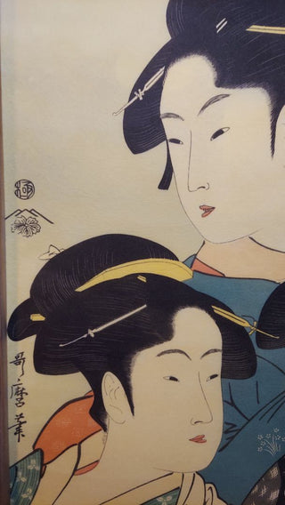 "Three Beauties of the Present Day" (Toji san bijin), by Kitagawa Utamaro(1753 - 1806). woodblock print, Japanese Ukiyo-e Art, 1970s washi print. AS-IS