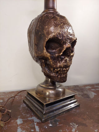 Artist Original Bronze tone rustic Human Skull Candle Stick Table Lamp