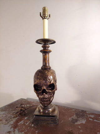 Artist Original Bronze tone rustic Human Skull Candle Stick Table Lamp