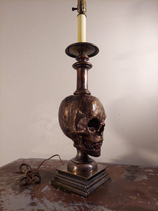 Artist Original Bronze tone rustic Human Skull Candle Stick Table Lamp