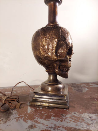 Artist Original Bronze tone rustic Human Skull Candle Stick Table Lamp