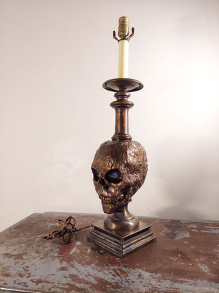 Artist Original Bronze tone rustic Human Skull Candle Stick Table Lamp