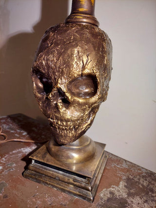 Artist Original Bronze tone rustic Human Skull Candle Stick Table Lamp