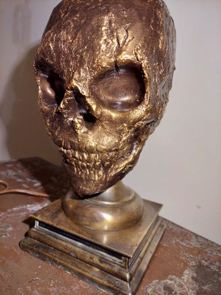 Artist Original Bronze tone rustic Human Skull Candle Stick Table Lamp