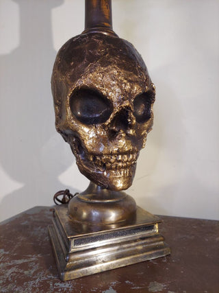 Artist Original Bronze tone rustic Human Skull Candle Stick Table Lamp