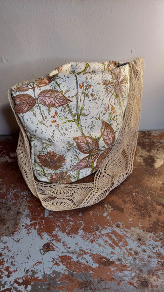 Mid-century Atomic Floral Barkcloth Fabric Large Slouchy Tote Purse with crocheted lace strap, shoulder or crossbody, zipper closure. One of a kind.