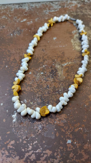 1970s Natural Cowrie Shell and Half Moon Wood Necklace