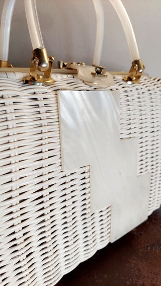 1950-60s Large White Wicker and Pearlized Lucite Satchel Basket Purse Handbag by Tropic Miami Florida made in Hong Kong (As Is)
