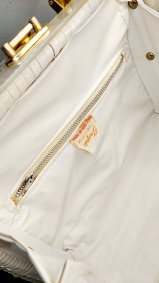 1950-60s Large White Wicker and Pearlized Lucite Satchel Basket Purse Handbag by Tropic Miami Florida made in Hong Kong (As Is)