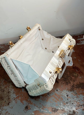 1950-60s Large White Wicker and Pearlized Lucite Satchel Basket Purse Handbag by Tropic Miami Florida made in Hong Kong (As Is)