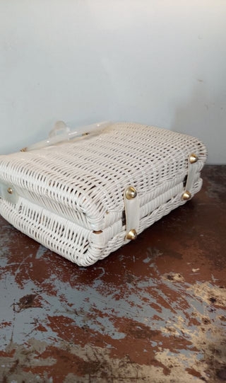 1950-60s Large White Wicker and Pearlized Lucite Satchel Basket Purse Handbag by Tropic Miami Florida made in Hong Kong (As Is)