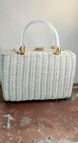 1950-60s Large White Wicker and Pearlized Lucite Satchel Basket Purse Handbag by Tropic Miami Florida made in Hong Kong (As Is)