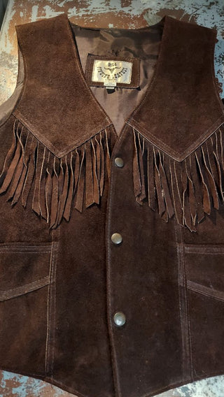 Vintage Western Brown Leather Snap Button Vest with tassles by BULL Genuine Leather Made in Mexico
