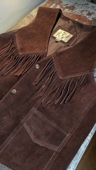 Vintage Western Brown Leather Snap Button Vest with tassles by BULL Genuine Leather Made in Mexico