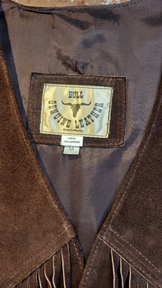 Vintage Western Brown Leather Snap Button Vest with tassles by BULL Genuine Leather Made in Mexico