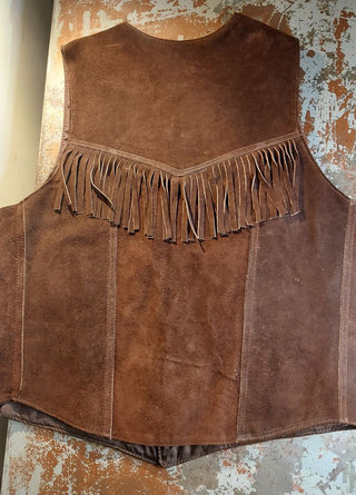 Vintage Western Brown Leather Snap Button Vest with tassles by BULL Genuine Leather Made in Mexico