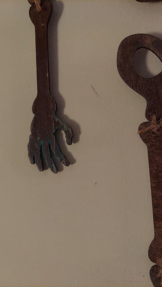 Minimalistic farmhouse posable hanging wood skeleton - artisan - UV Light reactive