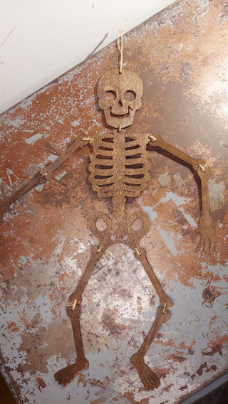 Minimalistic farmhouse posable hanging wood skeleton - artisan - UV Light reactive