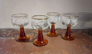 (4pc set) Mid-Century Luminarc FRANCE - Frosted Grapevine Crystal w/ Amber Stem Roemer Wine Glass By J.G. Durand & Cie. Cristal d’Arques France 22k gold rim